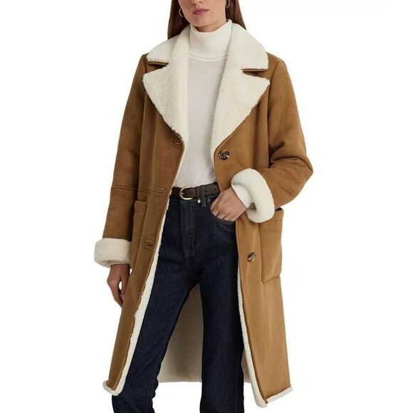 New $350 Ralph Lauren Faux Suede and Shearling Trim Coat Size Medium - Picture 2 of 6